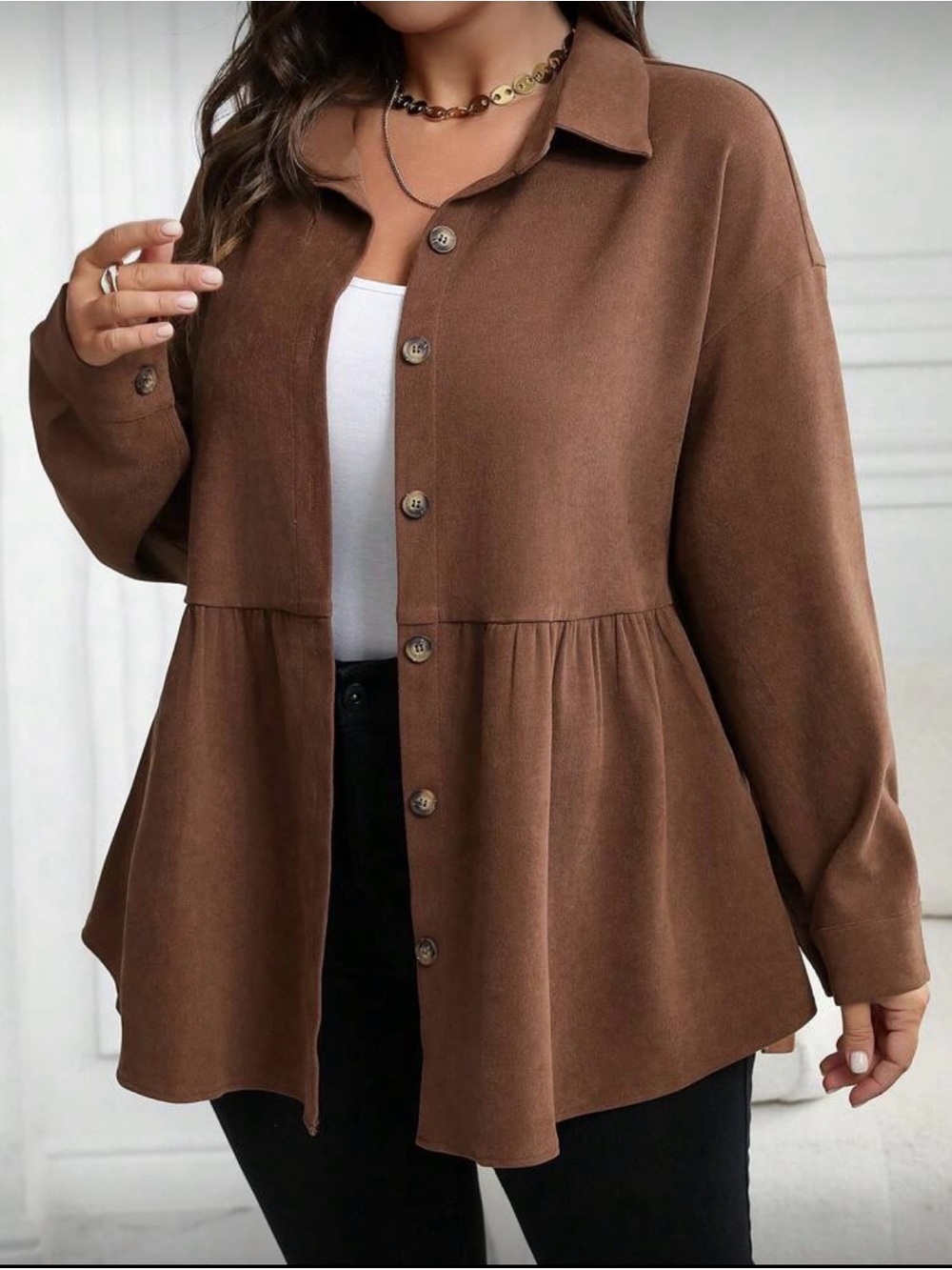 SHEIN Brown Button-Front Peplum Tunic